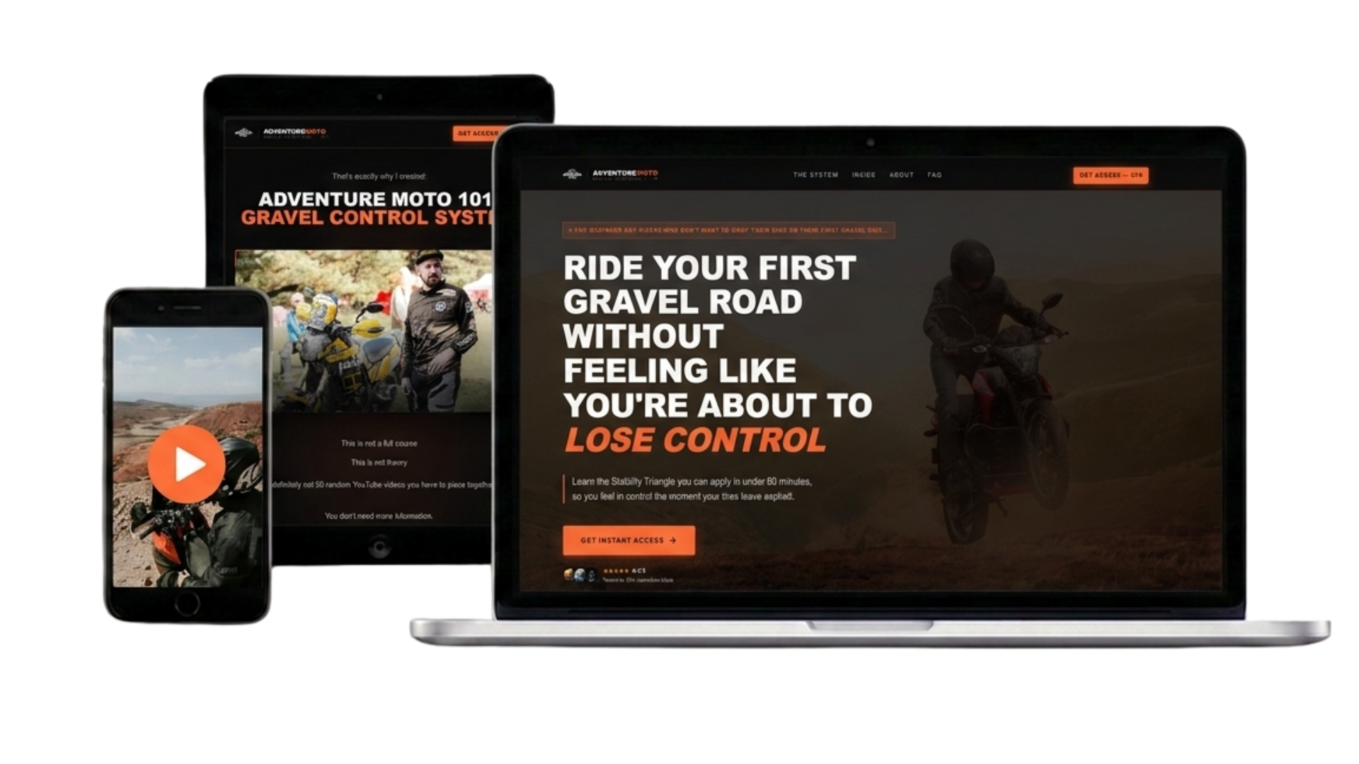 Adventure Moto 101 course shown on laptop, tablet, and phone